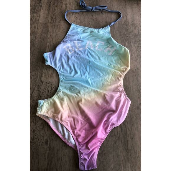 Chaser Pastel Ombre Rainbow Beach Bum One-Piece Cutout Swimsuit - M - Picture 2 of 5